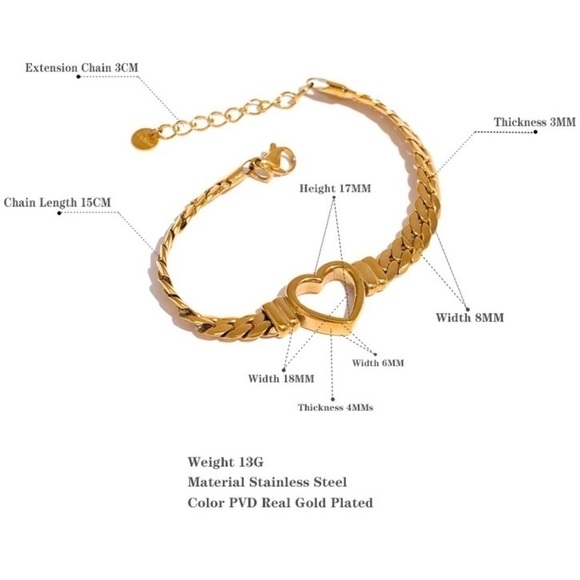 18K Gold Plated Cuban Chain Heart Shape Bracelet - Picture 5 of 8